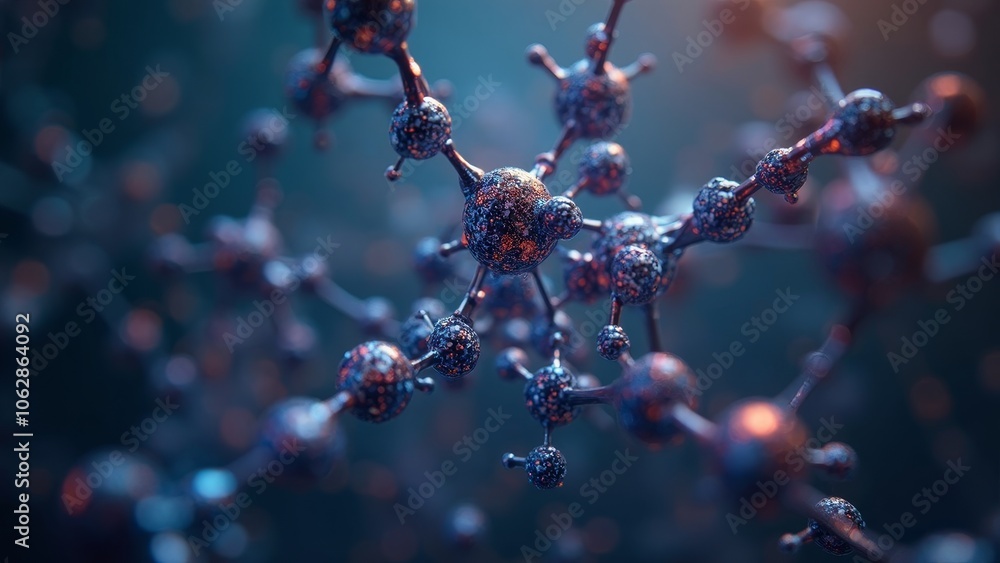 Poster abstract molecule structure with blue and red lighting in scientific context