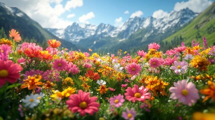 Fototapeta premium Vibrant Wildflowers Blooming in Misty Morning Hills Under Bright Sunlight in Serene Landscape