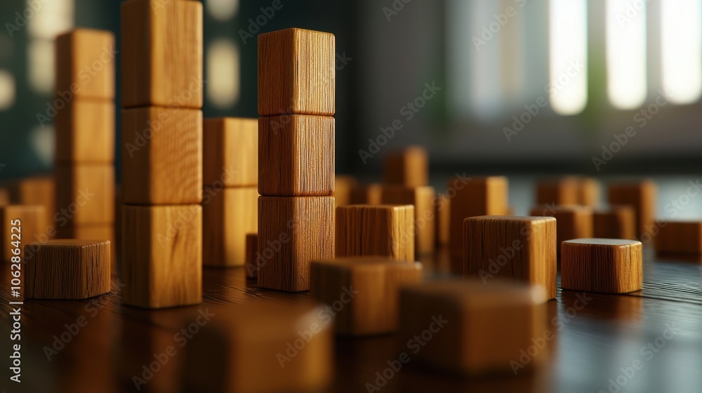 Aufkleber a collection of wooden blocks arranged in varying heights, creating an abstract cityscape effect on 