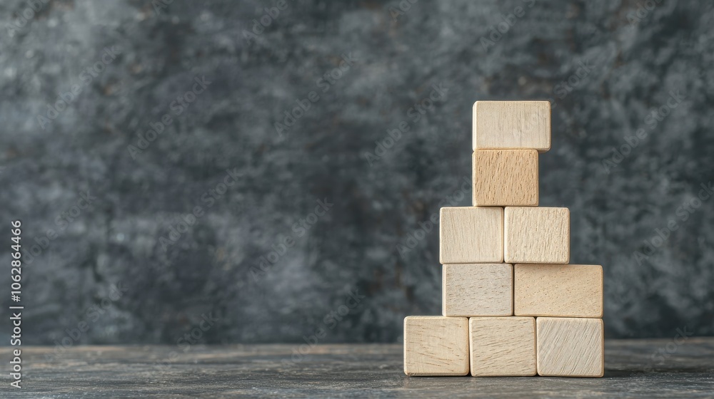 Poster a stack of wooden blocks arranged in a pyramid shape on a gray surface, showcasing a minimalist desi