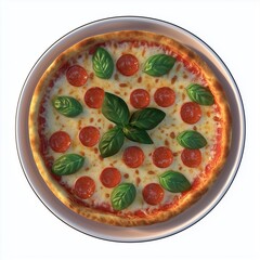 Pizza Margherita with red tomatoes, white mozzarella cheese, fresh green basil on paper box white isolated