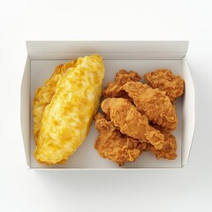 Omelett roll and chicken crunchy flour fried on paper meal box white isolated