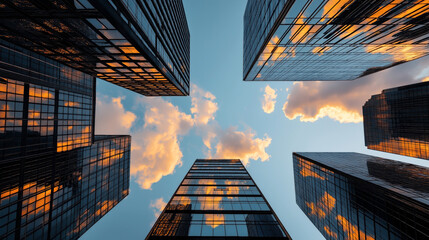 Looking up at tall glass skyscrapers reflecting a vibrant sunset sky with colorful clouds in an urban cityscape.
