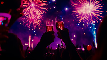 Bright fireworks lighting up the night sky with people celebrating and joyfully raising champagne glasses.
