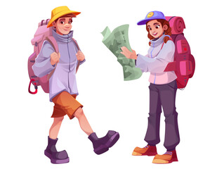 Hiker tourist travel to mountain with backpack. Woman character hike un summer trip with map. Outdoor tracking tourism activity person. Happy guy walk for camping isolated illustration collection