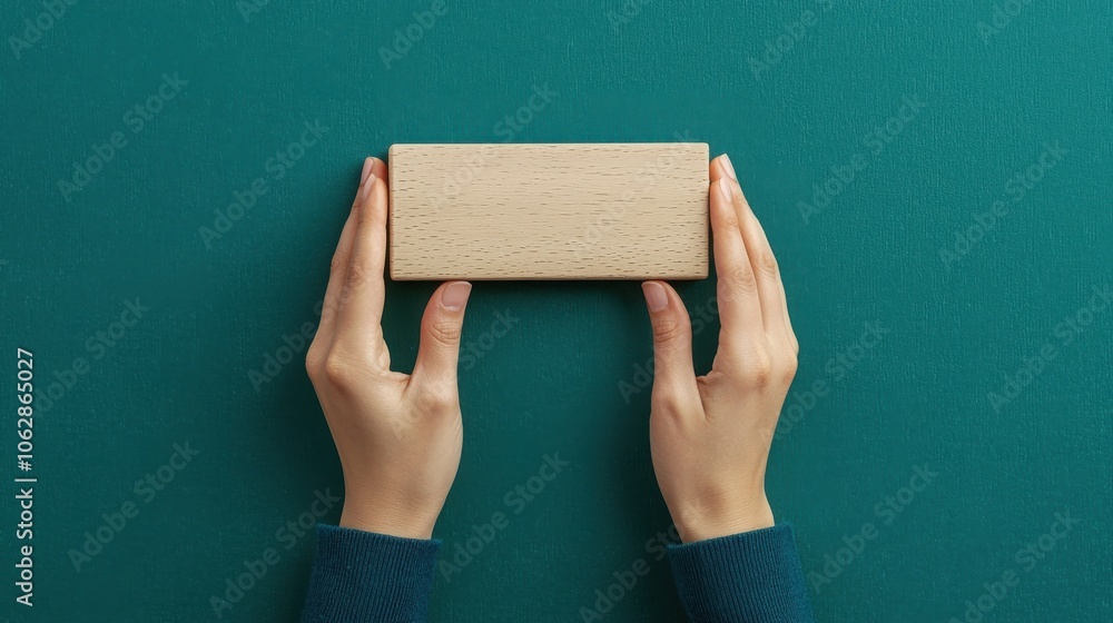 Poster a pair of hands holds a rectangular cork block against a green background, highlighting texture and 