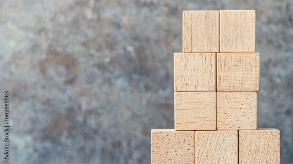 Poster a stack of wooden blocks is arranged in a pyramid shape against a textured gray background.