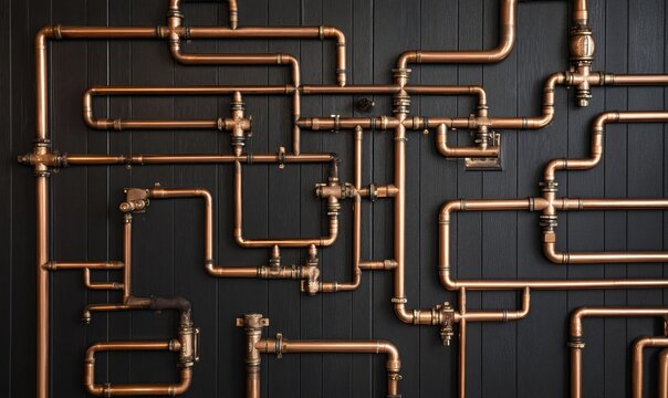 Steampunk copper pipe maze on black wall