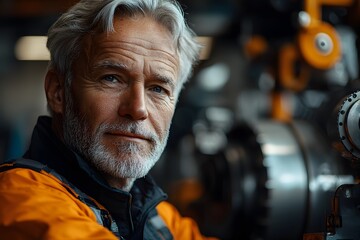 Obraz premium Experienced engineer in industrial setting with orange jacket and machinery background