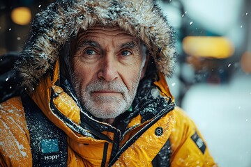 Elderly adventurer in snowy winter jacket with fur hood in urban winter wonderland
