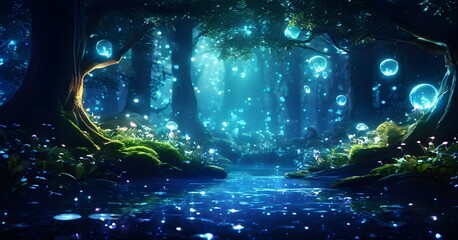 ethereal mystical forest scene with digital glow effects