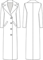 with pockets collared v neck buttoned long sleeve long midi coat jacket template technical drawing flat sketch cad mockup fashion woman design style model 

