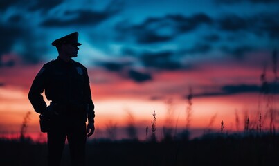 striking silhouette of police officer on patrol, blending technology and tradition, symbolizes safety and vigilance in modern world