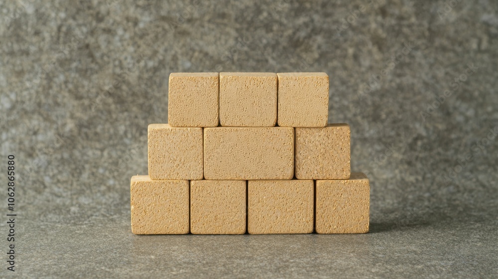 Poster a stack of beige building blocks arranged in a pyramid shape against a textured gray background.