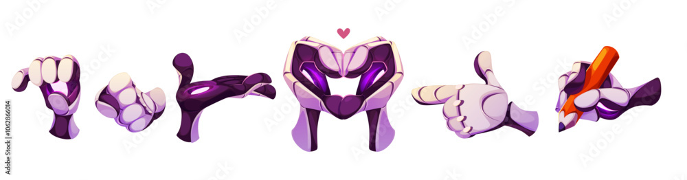 Poster stylized robotic hands with different gestures. various poses and positions - doing thumbs up and he