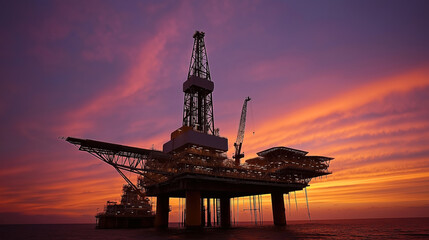 Offshore oil drilling platform silhouetted against a vibrant sunset sky with orange and purple hues over the ocean.