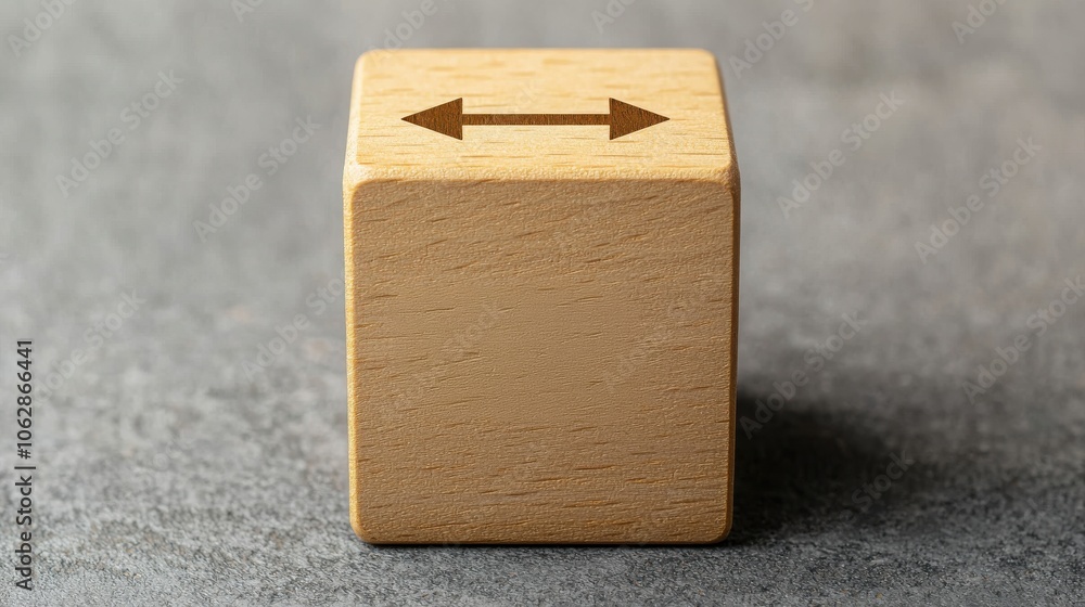Poster A simple wooden cube with arrows indicating movement or direction, placed on a textured surface, representing balance and flexibility.