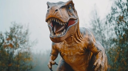 Tyrannosaurus Rex Dinosaur Model in Foggy Forest