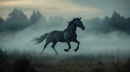 Majestic horse running through fog-covered field at dawn.