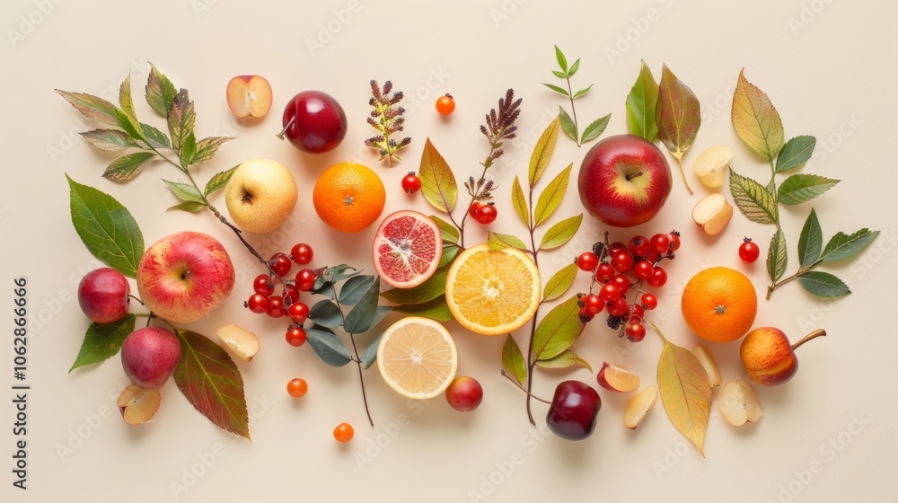 Poster harmonious layout design with a balanced arrangement of autumn fruits and foliage, for visually plea