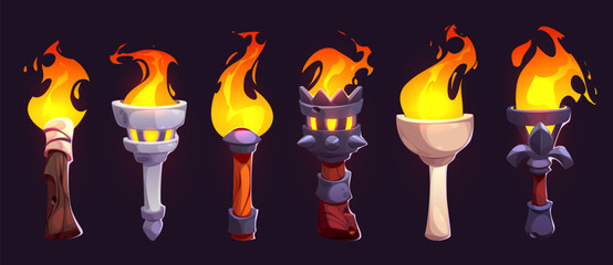 Medieval game torches with bright yellow and orange flames on wooden, metal and stone holders with decorative elements. Cartoon set of flambeau sticks for fantasy dungeon exploration interface icons. © klyaksun