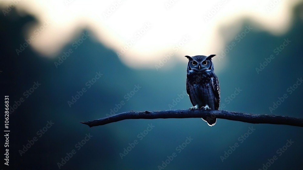 Poster owl perched on a branch, soft blurred background during twilight.