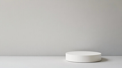 A minimalist white cylindrical platform rests on a smooth gray background, evenly lit with diffused light that creates soft shadows. The clean, seamless aesthetic of the scene provides a