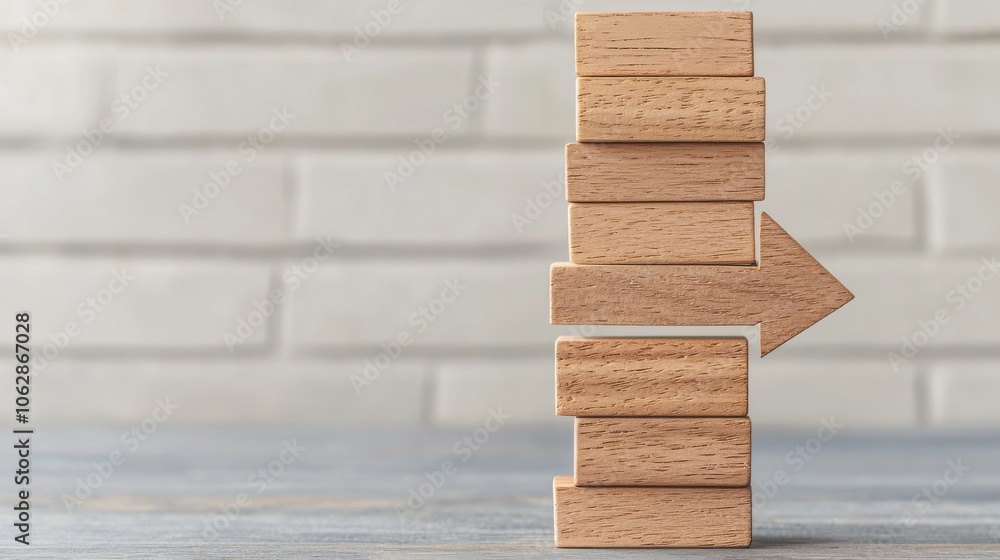 Poster a stack of wooden blocks arranged to form an arrow shape, against a textured wall, symbolizing direc