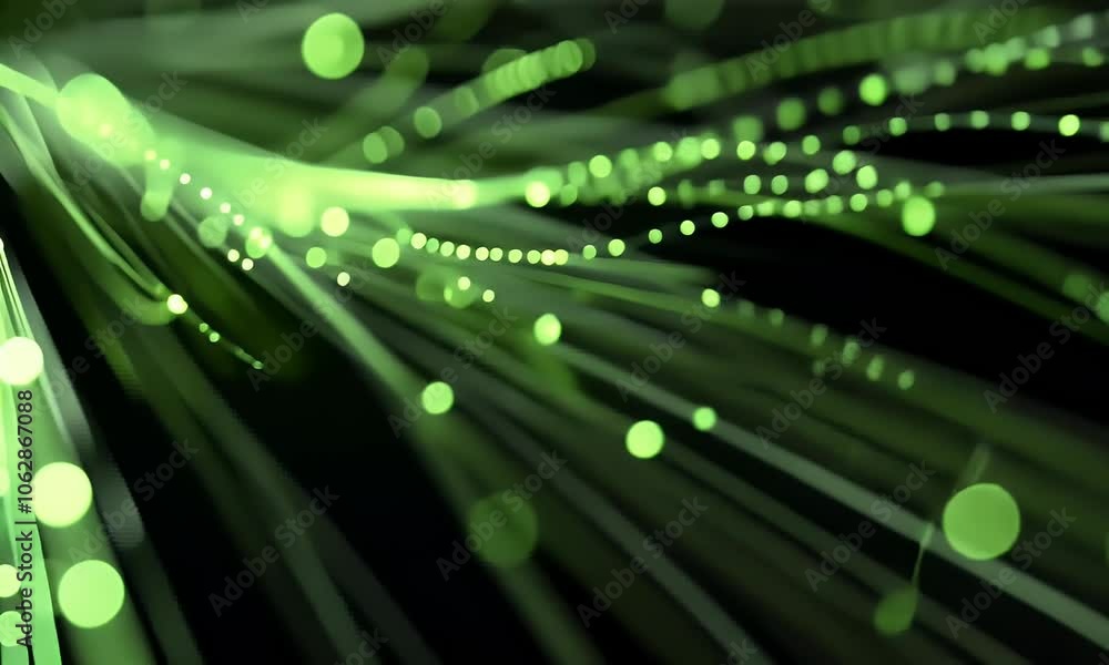 Poster abstract green light on an abstract background with glowing fiber optic cables in the style of data 