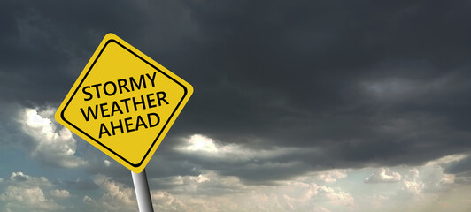 Stormy Weather Ahead SignBoard, Hurricane indication. Graphic banner of hurricane warning. Icon,...