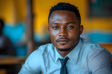 Obraz premium Confident young man in blue shirt and tie at cafe setting
