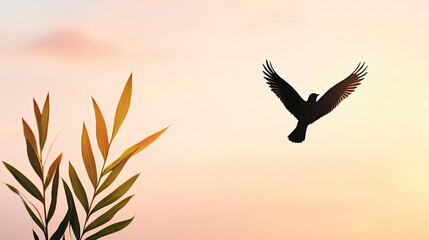 Fototapeta premium Silhouette of a bird flying against a soft sunset sky with leaves, serene and peaceful.