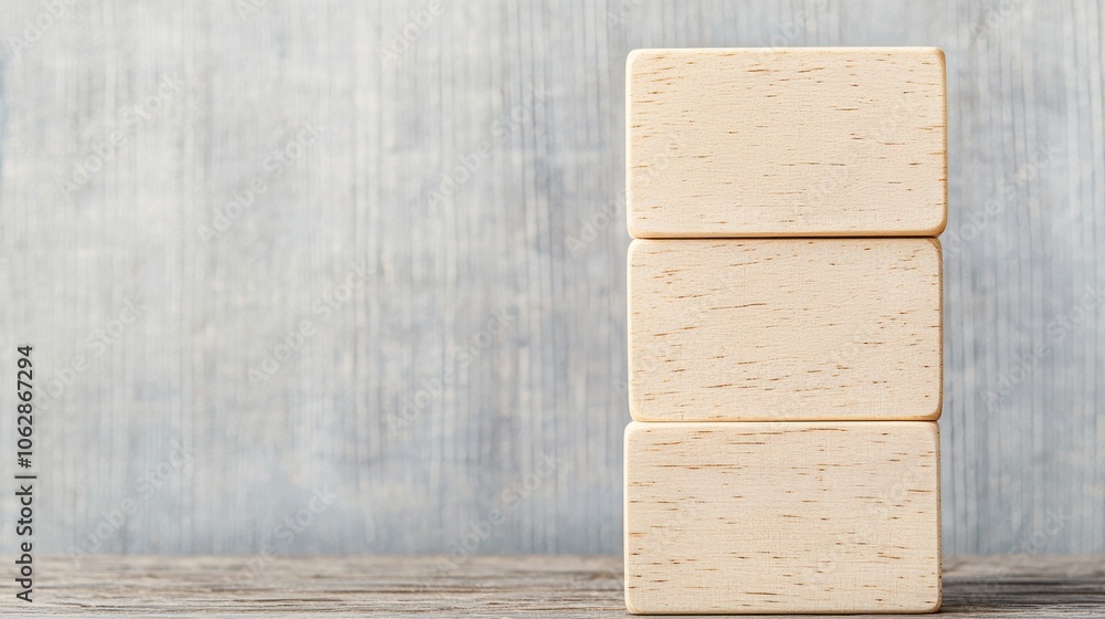 Poster a minimalist stack of three light-colored blocks rests on a wooden surface against a textured wall, 