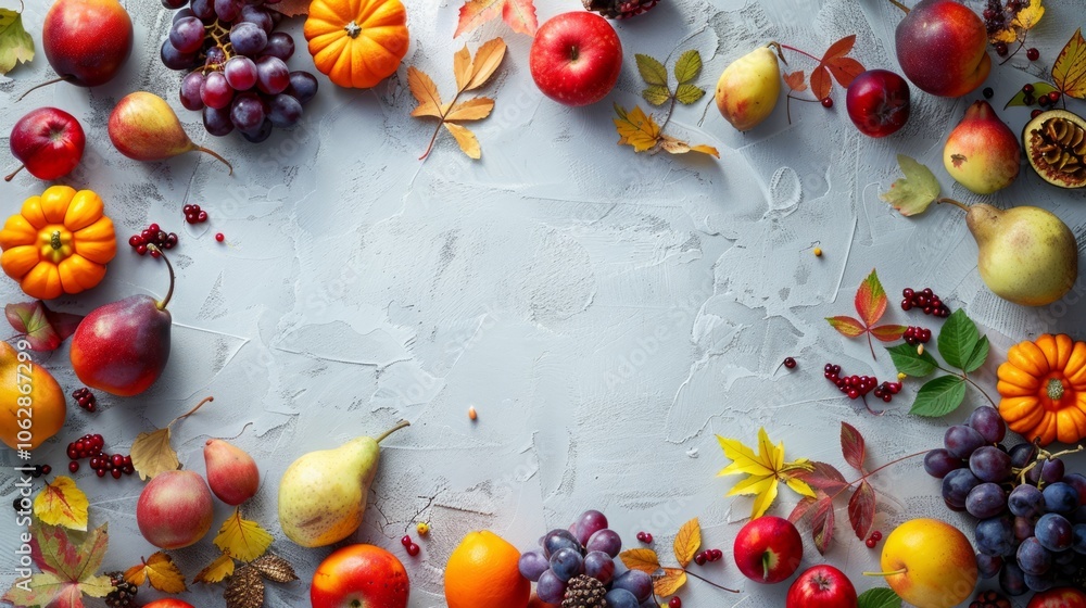 Poster inviting layout design with open spaces and airy compositions of autumn fruits, for approachable and