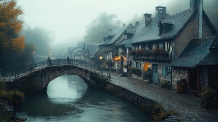 Misty European Village with Stone Bridge and Canal