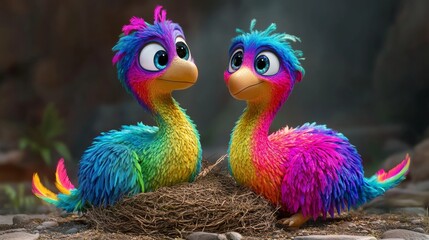 Fototapeta premium Colorful Cartoon Birds Nestled Together Cute Animated Bird Couple Rainbow Feathers Frie