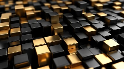 A dynamic arrangement of black and gold cubes creating a visually striking 3D pattern.