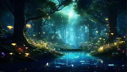 ethereal mystical forest scene with digital glow effects