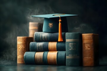Serene Graduation Cap Resting Atop Worn Books,Symbolizing Scholarly Tranquility and Personal Growth