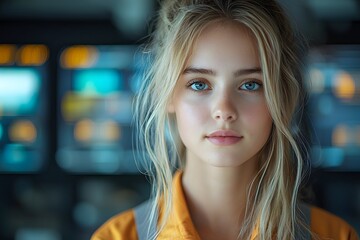 Fototapeta premium Young professional woman in a modern office setting with technology background