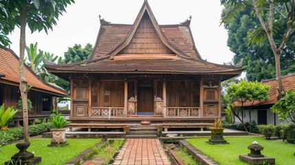 Naklejka premium The traditional Javanese house of Indonesia is often called a joglo house, with wooden architecture and a green garden.
