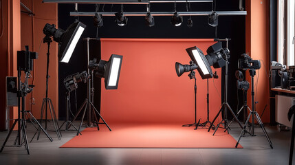 Professional photography studio setup with red backdrop, lighting equipment, and cameras on tripods, featuring softbox lights and spotlights for controlled photo shooting environment.
