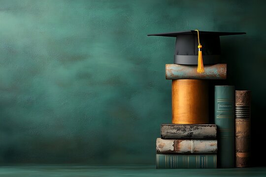 A serene meditative photograph showcasing a graduation cap delicately balanced atop a stack of worn weathered books symbolizing the harmony between tradition and innovation in academic pursuits