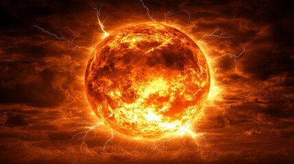 Fiery Planet with Lightning Strikes in Dramatic Sky