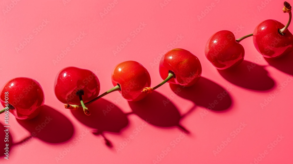 Poster minimalistic composition of vibrant cherries arranged in a diagonal line, creating a sense of moveme