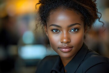 Obraz premium Confident young woman with natural beauty and bright eyes in soft focus setting