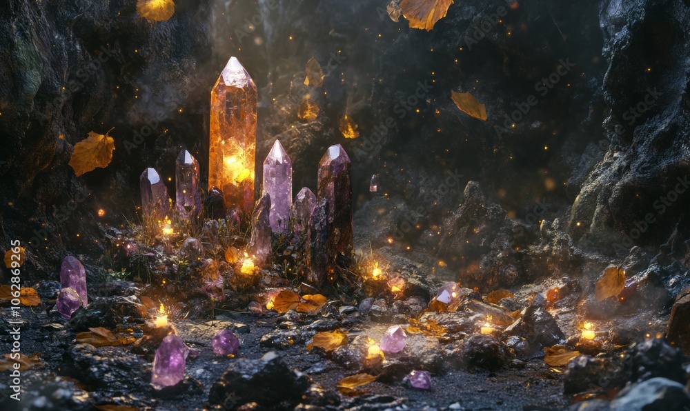 Poster the scene is set with mesmerizing crystal minerals scattered leaves and mystical witchy objects agai