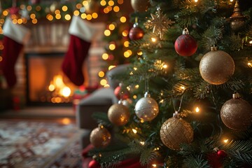 A close up of a decorated Christmas tree with festive lights and ornaments next to a cozy fireplace.

