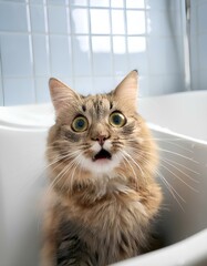 funny cute cat with fear and emotion in a bathtub; trying to escape the heat