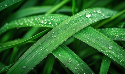 This close-up photo showcases vibrant green grass covered in delicate water droplets, creating a refreshing and natural image